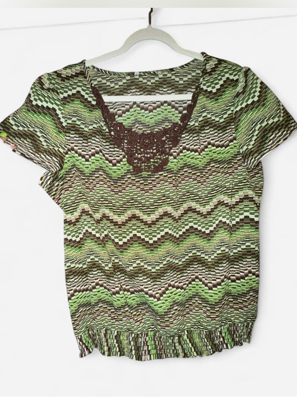 J. Crew Green Brown Zigzag Crochet V-Neck Blouse